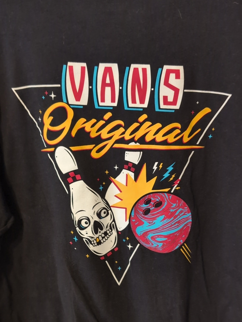 Vans Black Tee with Retro Bowling Skull & Swirl Ball Graphic